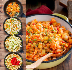 Collage step by step cooking vegetable stew with cauliflower, selective focus