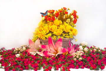 Bright Colorful Flower Basket On White Background