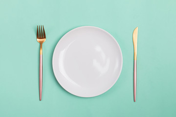 Knife, fork and white plate on pastel green background