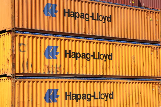 HAMBURG, GERMANY - JUNE 30, 2019: Shipping containers of the German shipping and container transportation company HAPAG-LLOYD