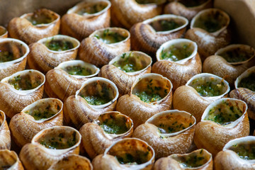 Escargots de Bourgogne - Snails with garlic butter, close up.