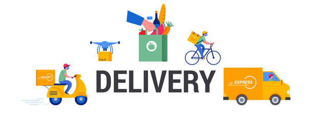Safe online delivery during the coronavirus pandemic - online order tracking, delivery door to door, home and office. Warehouse, truck, drone, scooter and bicycle courier, delivery man in respiratory