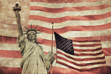 Dirty vintage collage of Lady Liberty and American flag in the  background.  © frank11