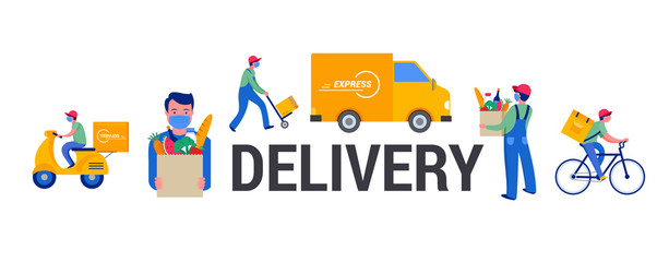 Safe online delivery during the coronavirus pandemic - online order tracking, delivery door to door, home and office. Warehouse, truck, drone, scooter and bicycle courier, delivery man in respiratory