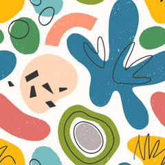 Seamless pattern with colorful hand drawn organic shapes,lines,doodles and elements.Natural forms.Vector trendy design perfect for prints,flyers,banners,fabric ,invitations,branding,covers and more.