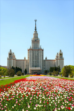 The main building of Lomonosov Moscow State University on Sparrow Hills in sunny spring day