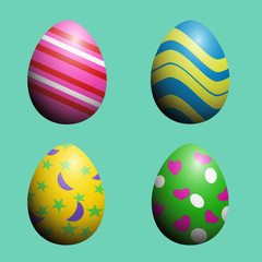 beauty four easter eggs pastel decoration nice shape. Colorful surface line and textures. Isolated on green background.