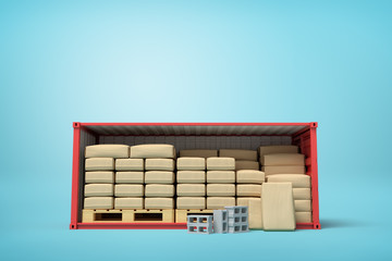 3d rendering of red shipping container filled with packs, bricks and wooden pallets on blue background