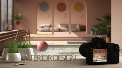 Architect photographer designer desktop concept, camera on wooden work desk with screen showing interior design project, blurred scene in the background, colored living room