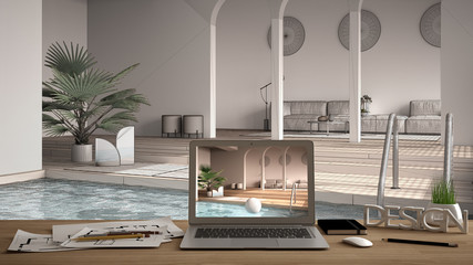Architect designer desktop concept, laptop on wooden work desk with screen showing interior design project, blueprint draft background, colored contemporary living room, swimming pool