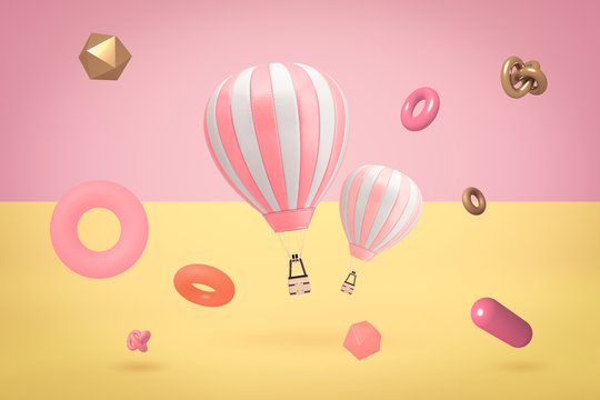 3d rendering of two hot air balloons with random objects on two color background
