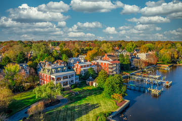Aerial summer view of colonial Chestertown on the Chesapeake Bay in Maryland USA - obrazy, fototapety, plakaty