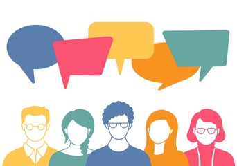 People avatars with speech bubbles. Men and woman communication, talking llustration. Coworkers, team, thinking, question, idea, brainstorm concept. - 333980560