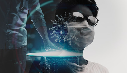 Double explosure of Asian woman wearing face mask with Medical science doctor working with computer...