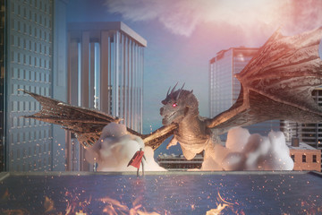 a fantastic dragon  versus man in the city render 3d 