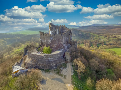 Aerial view of medieval ruined Holloko castle, UNESCO world heritage site in Hungary