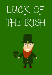 Vector illustration for Saint Patrick Day. St. Patrick greeting card wirh leprechaun on the green background. Cute illustration with funny character for patrick day.
