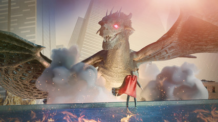 a fantastic dragon  versus man in the city render 3d 