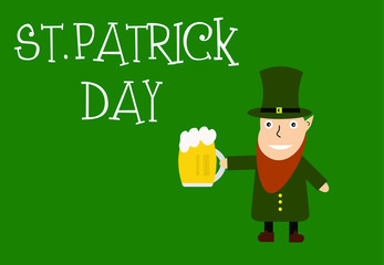 Vector illustration for Saint Patrick Day. St. Patrick greeting card wirh leprechaun on the green background. Cute illustration with funny character for patrick day.