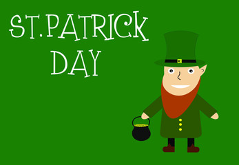 Vector Saint Patrick illustration. St. Patrick greeting card wirh leprechaun ot the green background.