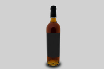 mockup of a bottle of wine santo with black label and gray background.