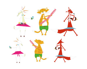 Stylized fairy tale animals goat cat and fox. Vector graphics.