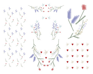 Birds flowers and hearts frames and backgrounds. Vector graphics.