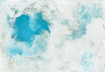 Cloudy sky hand drawn  textured illustration. Abstract watercolor artistic background. Watercolour heaven with clouds. Blue sky, shades of white stains. Painted fresco imitation texture.
