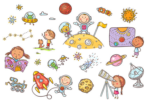 Cartoon space and astronauts set, vector cliparts for kids