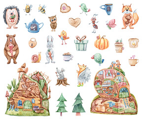 Handgeschilderde aquarel schattige dieren en huizen. Konijn, beer, vos, bij, mier, muis, egels, uil, slak, vogels geïsoleerd op wit. Mooie baby konijn illustratie voor patroon, baby shower, uitnodiging