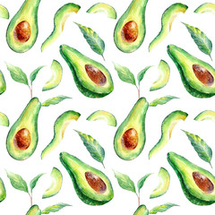 Seamless pattern of a avocado fruit and floral.Watercolor hand drawn illustration.White background.