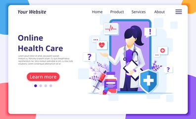 Online doctor concept, online medical health care assitance. Modern flat web landing page design template. Vector illustration