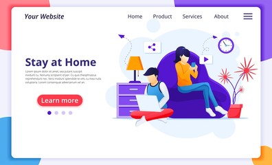 Working from home concept, stay at home on quarantine during the Coronavirus Epidemic. Modern flat web landing page design template. Vector illustration