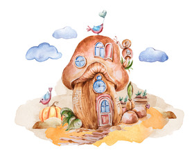 Handgeschilderde aquarel schattige cartoon paddestoel-huis met deur, ramen, slak, vogels geïsoleerd op wit. Mooie fantasieillustratie voor patroon, babydouche, uitnodiging, boekillustratie