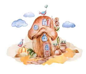 Fotobehang Fantasie huisjes Handgeschilderde aquarel schattige cartoon paddestoel-huis met deur, ramen, slak, vogels geïsoleerd op wit. Mooie fantasieillustratie voor patroon, babydouche, uitnodiging, boekillustratie