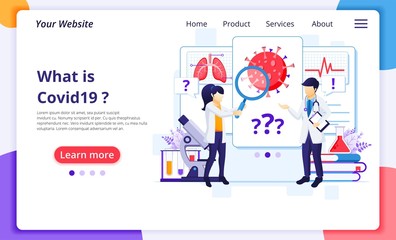 Research laboratory concept, scientists research new virus disease Covid-19 Coronavirus. Modern flat web landing page design template. Vector illustration