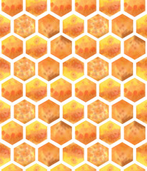 Watercolor seamless pattern with hexagonal honey combs.