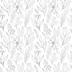Floral seamless pattern with pencil strokes lilies, leaves, branches. Hand drawn illustration isolated on white background. Texture for fabrics, wrapping paper, scrapbooking.