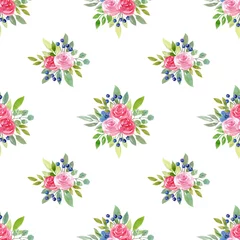Deurstickers Floral watercolor seamless pattern with pink roses, blue flowers, berries isolated on white background. Hand drawn illustration. © NatNat
