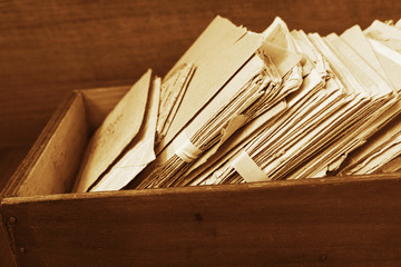 Old postal mails in a wooden box