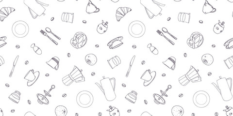 Vector line art early morning breakfast pattern with porcelain, food and coffee pot. Breakfast, bar, hotel, restaurant, menue.