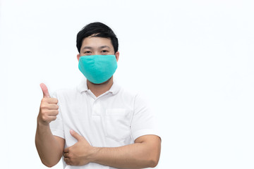 Portrait of man wear protect mask on white background,Wearing face mask for prevent COVID-19 Pandemic Coronavirus,worker with medical mask for against and stop coronavirus