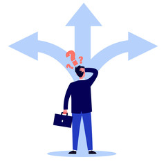 Adult person thinking about direction flat vector illustration. Man in formal suit having questions and choosing way for work. Three big arrows. Carrier and selection concept.