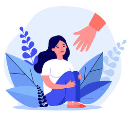 Young woman getting help and cure from stress flat vector illustration. Girl feeling anxiety and loneliness. Helping hand. Psychotherapy, counseling and psychological support concept.