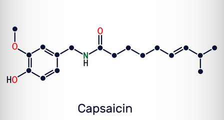 Capsaicin,  alkaloid, C18H27NO3 molecule. It is chili pepper extract with non-narcotic analgesic properties. Structural chemical formula
