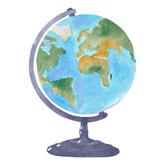 Watercolor blue and green terrestrial globe on black base. One single object, side view. Hand painted.Graphic drawing on white background, cut out clipart emblem for design and decoration.