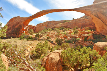 Landscape Arch  - the longest of the many natural rock arches located in Arches National Park,...