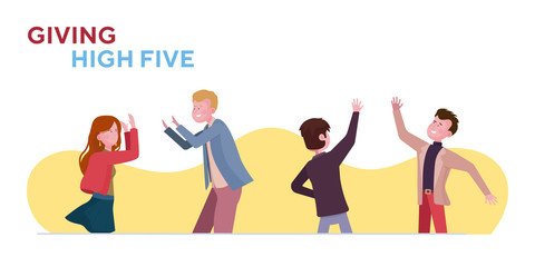 Fototapeta na wymiar Giving high five set. Couple, male friends clapping hands, celebrating success flat vector illustration. Greeting, communication, teamwork concept for banner, website design or landing web page