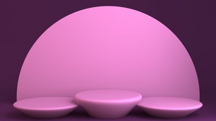 Three level Pink geometric podium on Pink Background. Scene with geometrical forms.