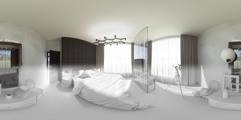 Fototapeta na wymiar 3d illustration spherical 360 degrees, seamless panorama of bedroom interior design.